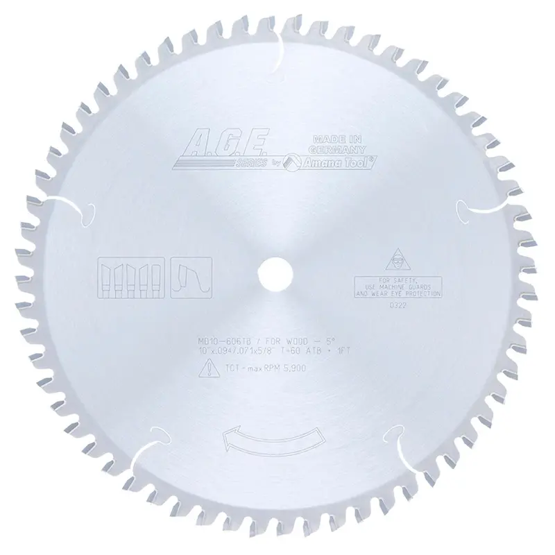 10″ 60-Tooth Thin-Kerf Sliding Compound Miter Blade – −5° Hook, 5/8″ Arbor, ATB Grind