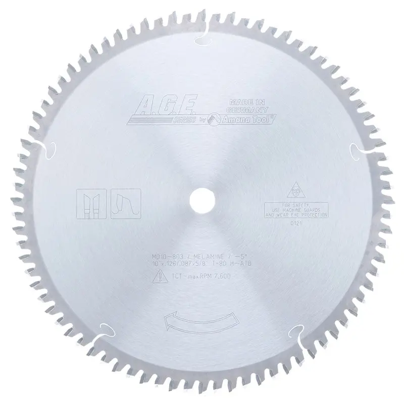 10″ 80-Tooth Melamine-Specific Saw Blade – -5° Hook Angle – 5/8″ Arbor – H-ATB Grind