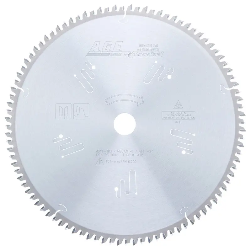 12-Inch 96-Tooth Melamine & Laminate Blade – Double-Side Carbide-Tipped, Zero-Degree Negative Hook, 1″ Arbor, H-ATB Grind