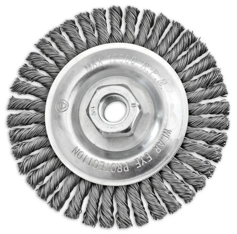 4.5-Inch Carbon Steel Twisted Knot Wire Wheel — 0.020″ Diameter, 1/4″ Arbor, 5/8″-11 Thread