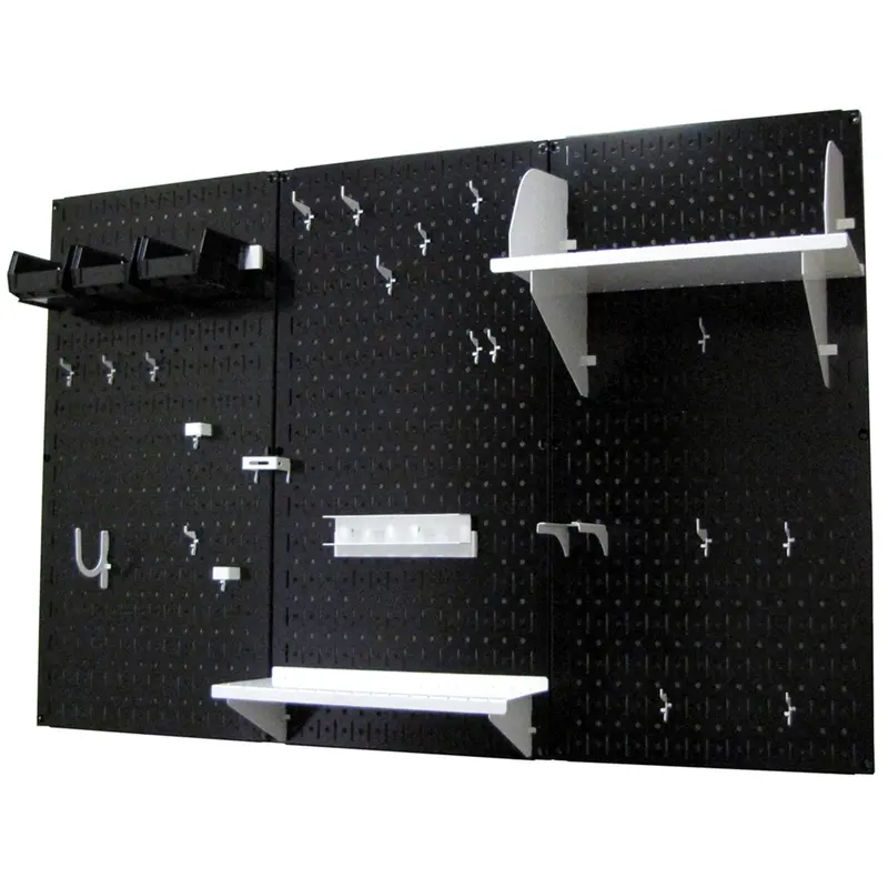 4-Foot Black Metal Pegboard Storage Kit with White Mounting Components