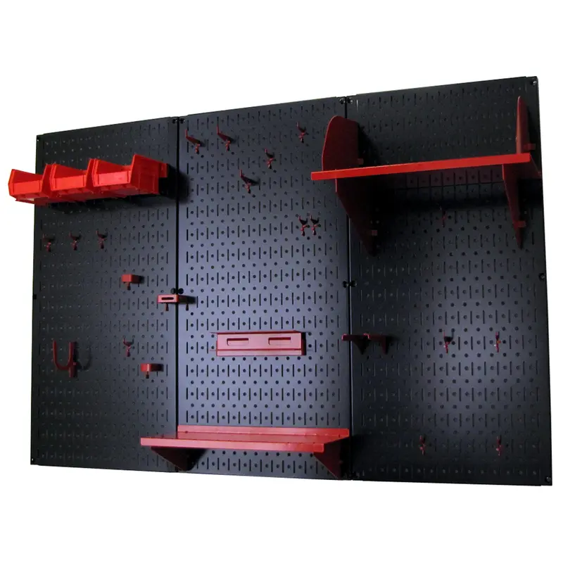 4-Foot Black Metal Pegboard Tool Storage System with Red Mounting Accessories
