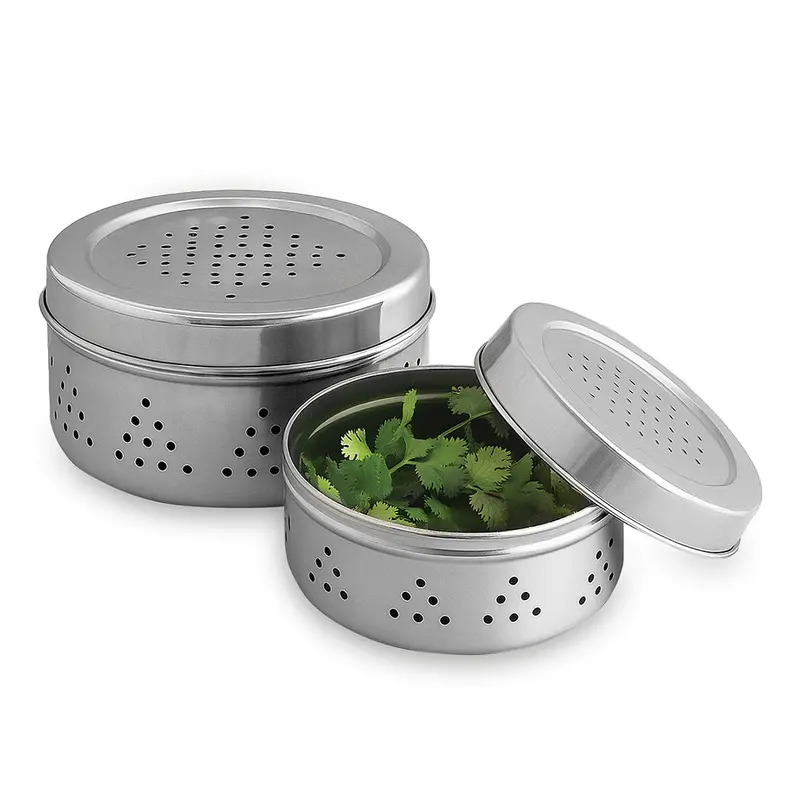 Ambrosia Stainless-Steel Coriander & Herb Storage Box (2-Pack) – Perforated Design for Freshness, Ideal for Greens, Garlic, Onions & Dried Veggies