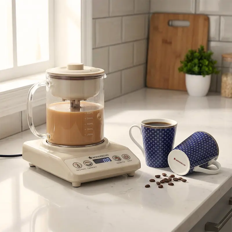 Artisan Tea & Coffee Experience: Fully Automatic Chai Maker, Cappuccino Machine, and Royal Blue Bone China Mug Set