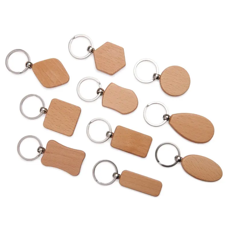 Assorted Wooden Keychain Set – Engravable Shapes, 10-Pack