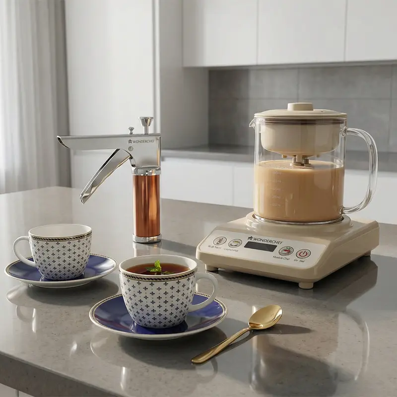 Chai & Snacks Combo – Chai Magic Tea/Cappuccino Maker, Sicilia Royal Blue Bone China Cup & Saucer (2), 12-Jali Snacks Maker