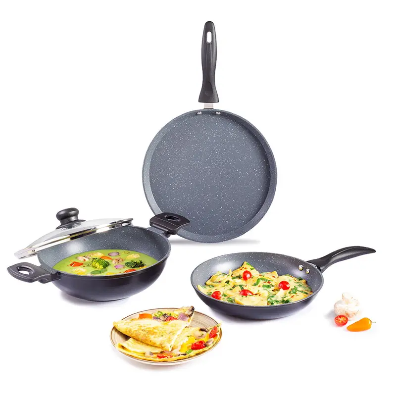 Duralite 4-Piece Die-Cast Cookware Set: 24 cm Kadhai with Lid, 24 cm Fry Pan, 28 cm Dosa Tawa — Non-Stick, Grey, 2-Year Warranty