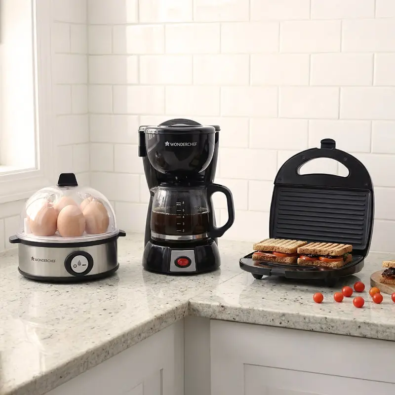 Effortless Morning Routine: Egg Boiler, Auto-Temp Griller, and Premium Brew Coffee Maker