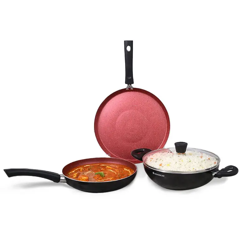 Galaxy Brick Red 4-Piece Cookware Set – Kadhai, Fry Pan & Dosa Tawa Combo – Induction-Ready, Cool-Touch Handles, PFOA-Free