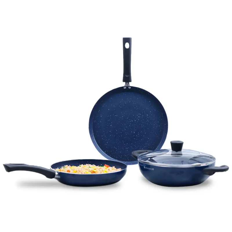 Galaxy Midnight Blue 4-Piece Cookware Set – Kadhai, Fry Pan, Dosa Tawa, All Induction-Safe with Bakelite Handles – PFOA-Free Aluminium