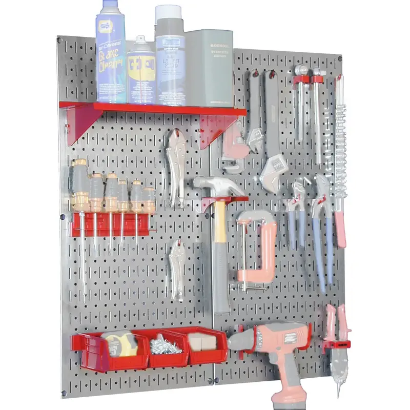 Galvanized Steel Pegboard Tool Organization Kit with Red Accessories