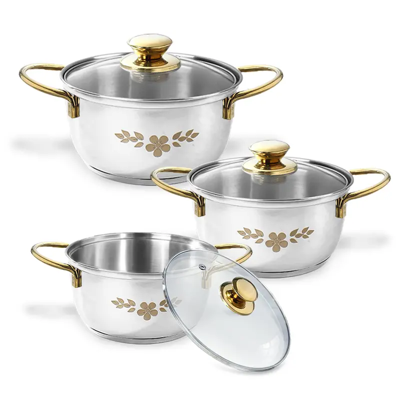 Gold Stanton Tri-Layer Stainless Steel Casserole Set – 3-Piece (1.6L/2.3L/3.1L) with Glass Lids & Gold Accents – Induction & Gas Ready