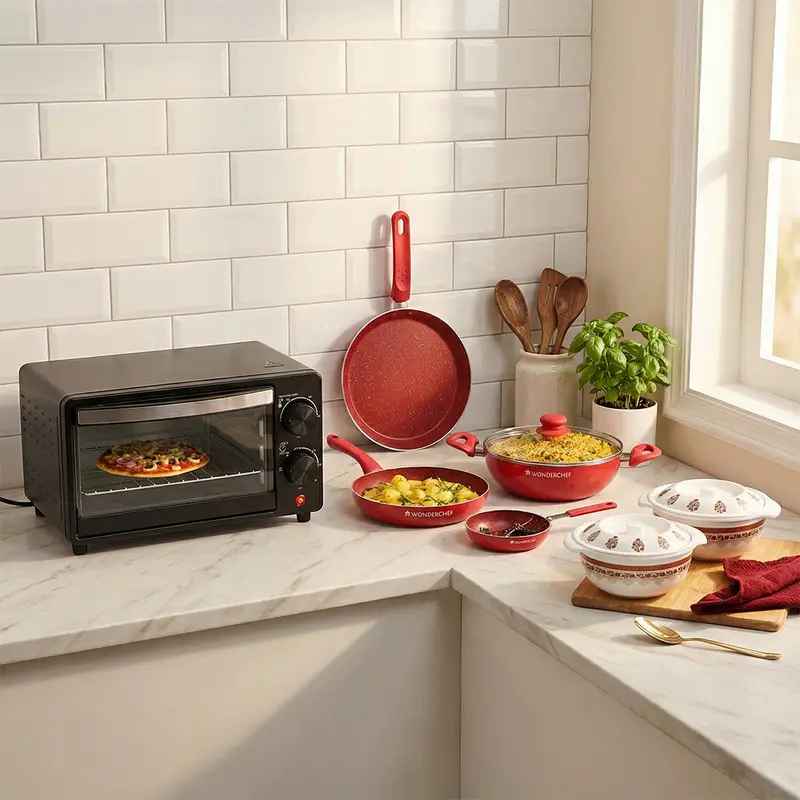 Happy Hosters Combo – 10L OTG Oven, Royal Velvet 5-Piece Non-Stick Cookware, Venice Royal Red 6-Piece Casserole Set