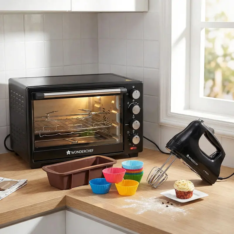 Home Bakery Delight Kit – 28L OTG Oven, Essenza Hand Mixer, Pavoni Platinum Silicone Plum Cake & Muffin Molds