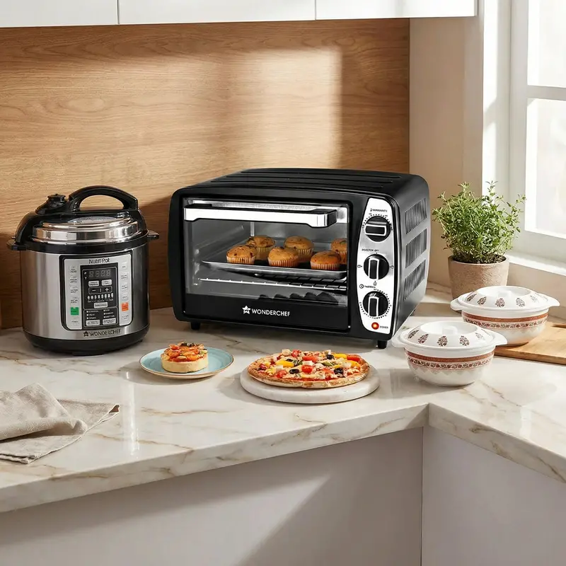 Hostess Delight Combo – 17L OTG Oven, Nutri-Pot 3L Pressure Cooker, Venice Royal Red 6-Piece Casserole Set