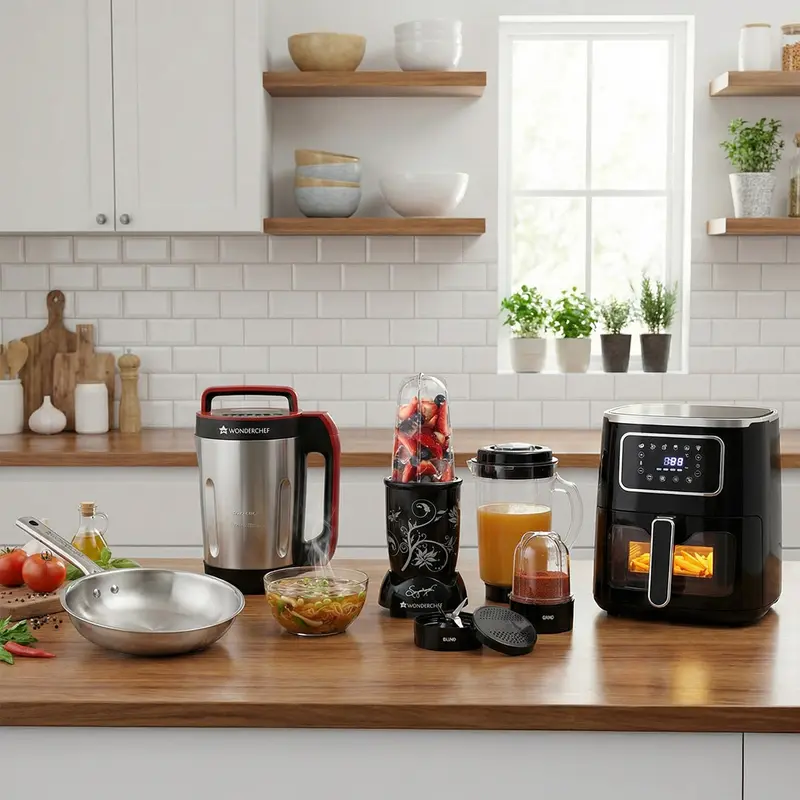 Kitchen Upgrade Pack – Platinum Plus 5L Air Fryer with Light & Window, Nutri-blend 500W Grinder, Stella Triply Stainless Steel Fry Pan