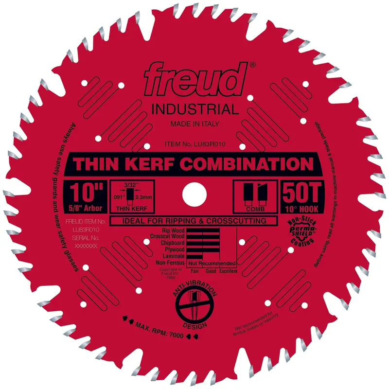 LU83R010 Red Finish Circular Saw Blade – 10″, 5/8″ Arbor, 50-Tooth Thin-Kerf Combo