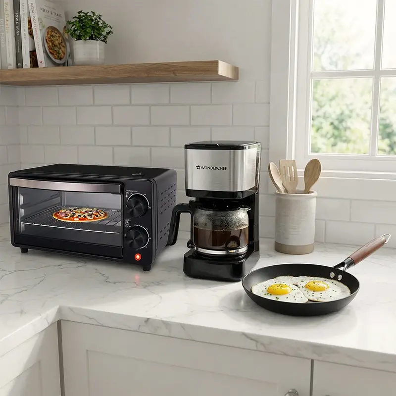 Morning Kitchen Starter Kit: Pre-Seasoned Lightweight Cast Iron Fry Pan, OTG Oven, and 600W Coffee Maker