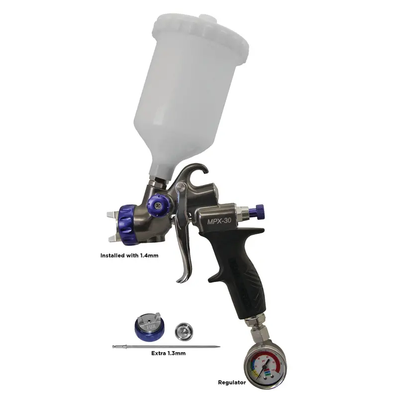MPX-30 Gravity Feed Spray Gun – 1.4mm Nozzle, 600cc Nylon Cup Included + Bonus 1.3mm Nozzle Kit