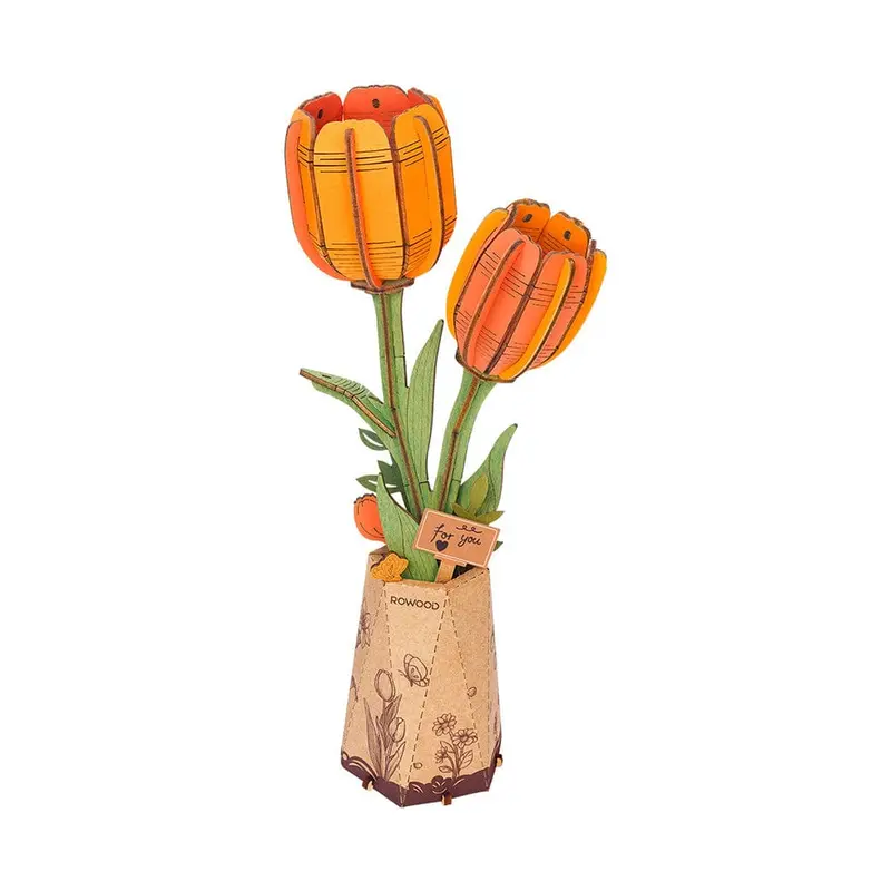 Orange Tulip 3D Laser-Cut Wooden Flower Assembly Kit