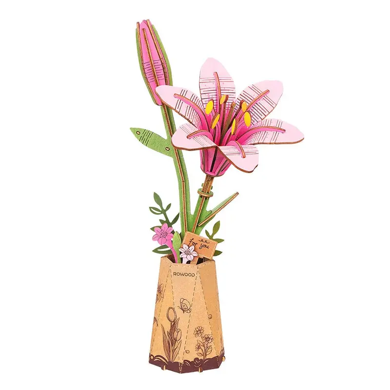 Pink Lily 3D Laser-Cut Wooden Flower Model Kit