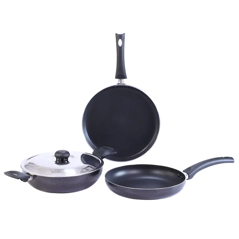 Platinum Plus Non-Stick Cookware Set (4-Piece): 24cm Kadhai w/ Glass Lid, 24cm Fry Pan, 25cm Dosa Tawa – PFOA-Free, Cool-Touch Bakelite Handles, 1-Year Warranty
