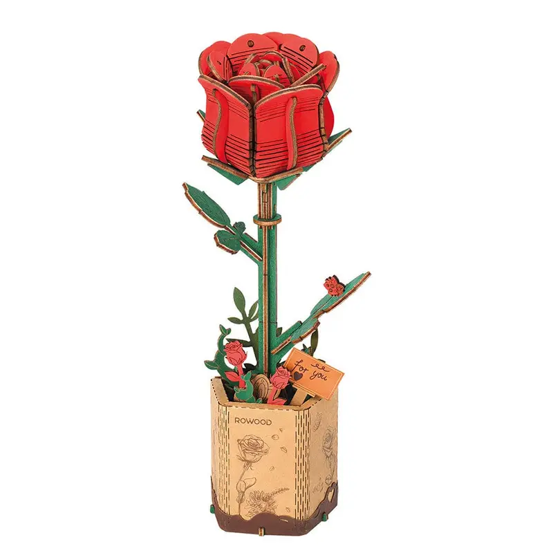 Red Rose 3D Laser-Cut Wooden Flower Assembly Kit