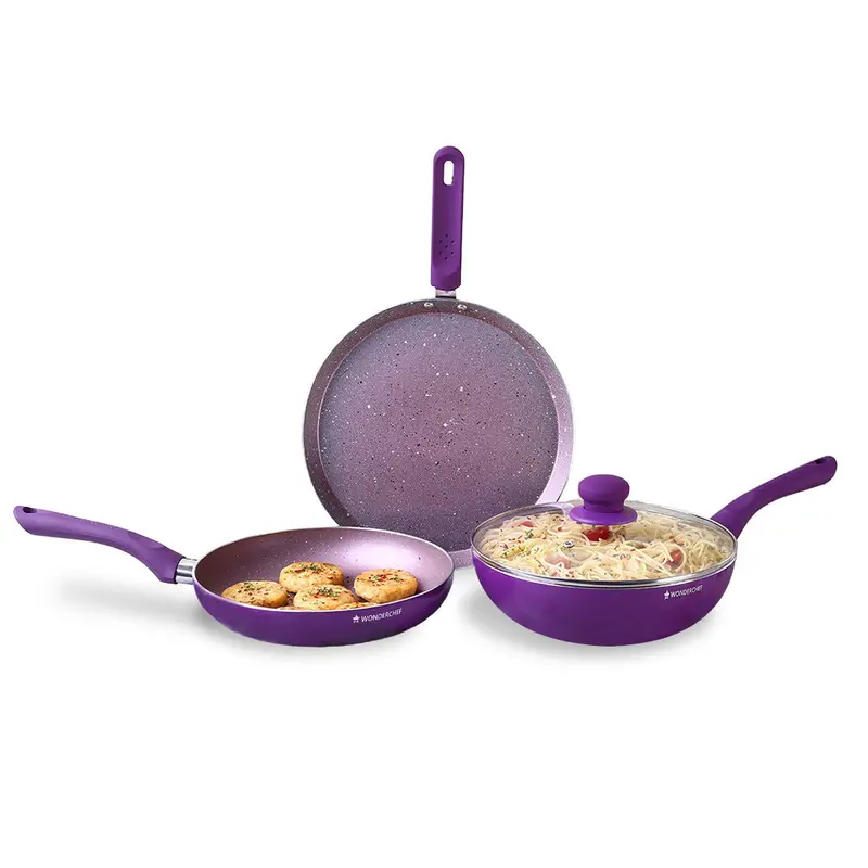 Royal Velvet 4-Piece Non-Stick Cookware Set – Fry Pan, Wok, Dosa Tawa, Purple Finish