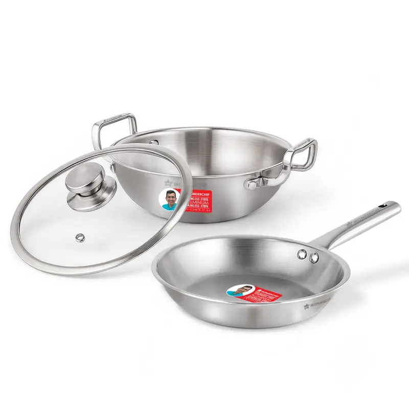 Stella Triply Stainless Steel Cookware Set – 3-Piece Induction-Compatible Fry Pan, Kadhai & Lid with Lifetime-Like Performance