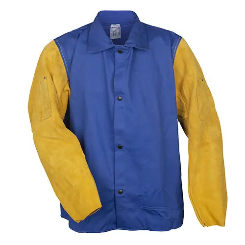 Tillman Blue Flame-Resistant Welding Jacket with Genuine Leather Sleeves – 30-Inch Length (Model 9230)