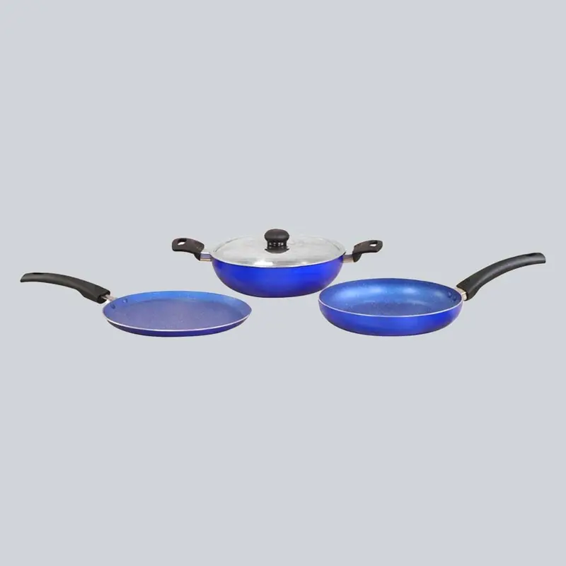 Trendy 4-Piece Non-Stick Cookware Set – Kadhai, Frying Pan, Dosa Tawa, Blue Finish, PFOA-Free Aluminium
