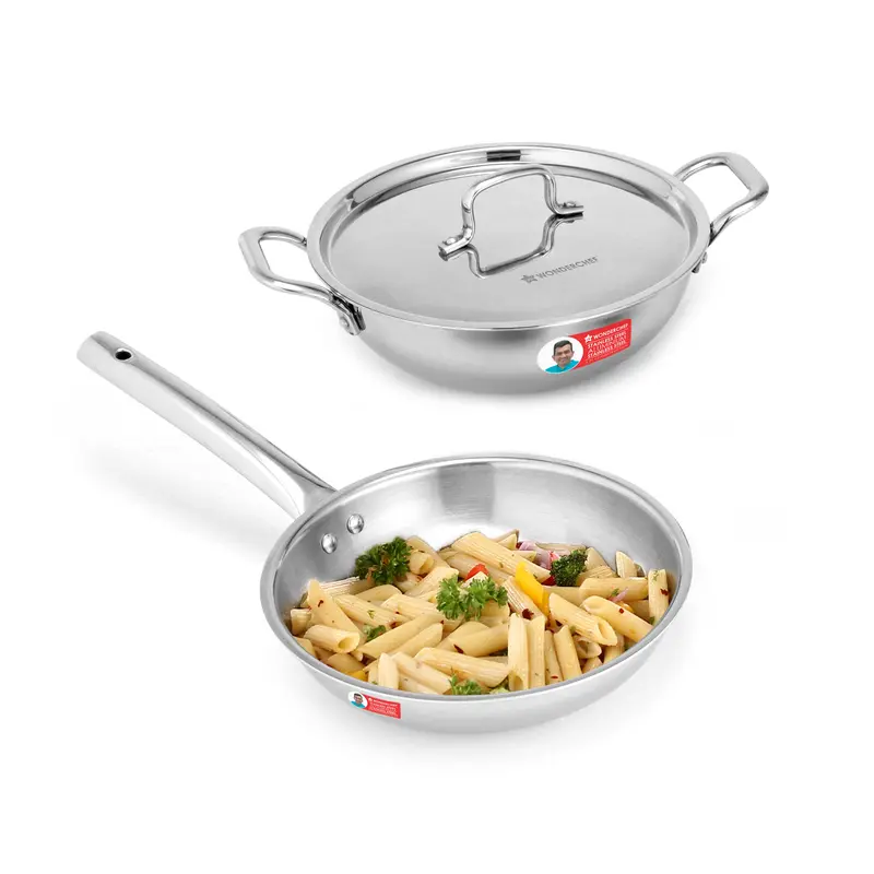 Venice Triply Stainless Steel 3-Piece Cookware Set – Fry Pan, Kadhai with Lid, Even Heating & 10-Year Warranty