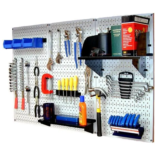 White Steel Pegboard Workbench Kit with Black Accessories – 4′ Coverage