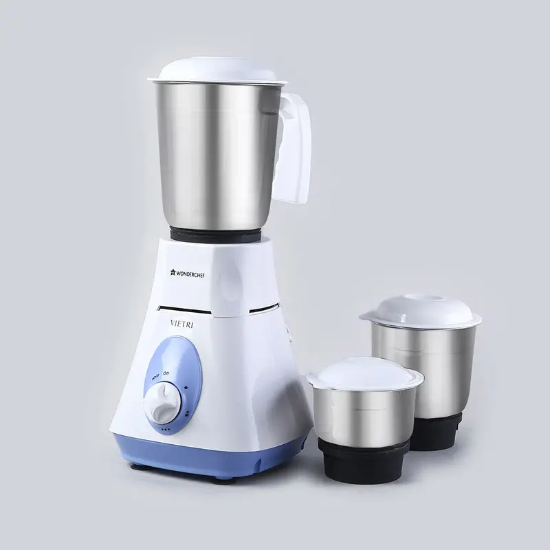 Wonderchef Vietri 500W Mixer Grinder – Triple Stainless Steel Jar Set, White & Blue Finish