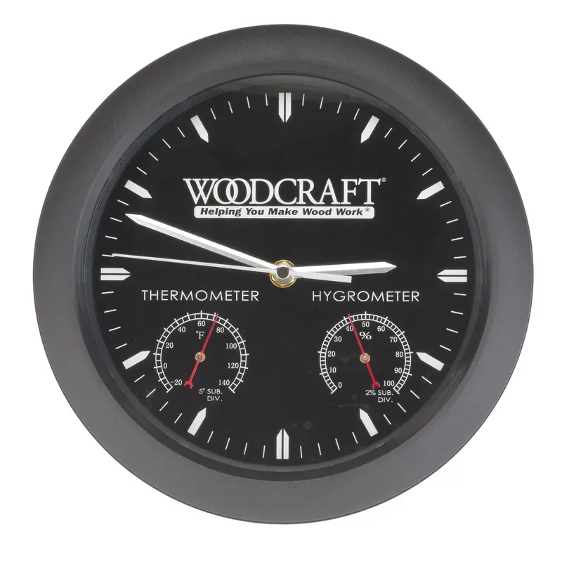 Woodshop Wall Clock Featuring Integrated Thermometer & Hygrometer
