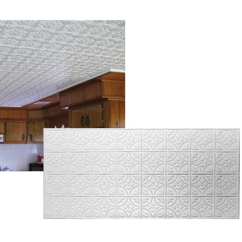 Dimensions Tin-Look Ceiling Tile & Backsplash – 2-Ft X 4-Ft White Panel With Circle/Square Pattern 1
