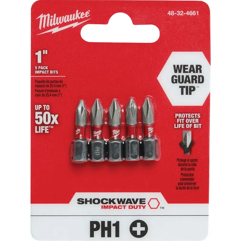 Milwaukee Shockwave #1 Phillips Impact Screwdriver Bit – 1 In, 5-Pack 1