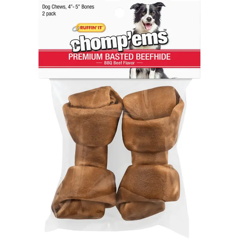 Westminster Pet Ruffin’ It Chomp’Ems Rawhide Chew – Knotted Beef Bone, 4–5" (2-Pack) 1